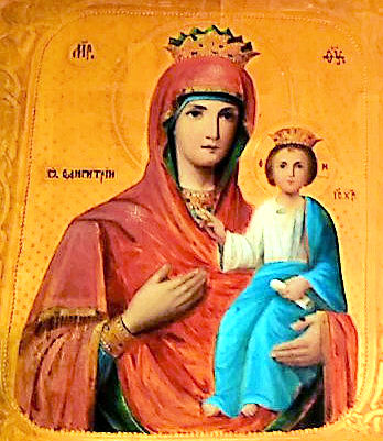 цветная икона Богородица в красном держит на руках ребенка в голубом